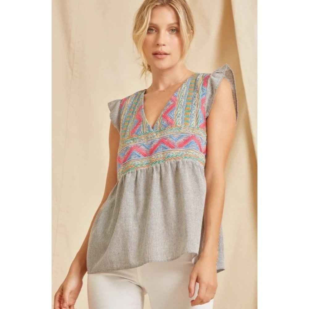 Savanna Jane Blouse Womens 1X Gray Pink Embroidered Flutter Sleeve Stripes